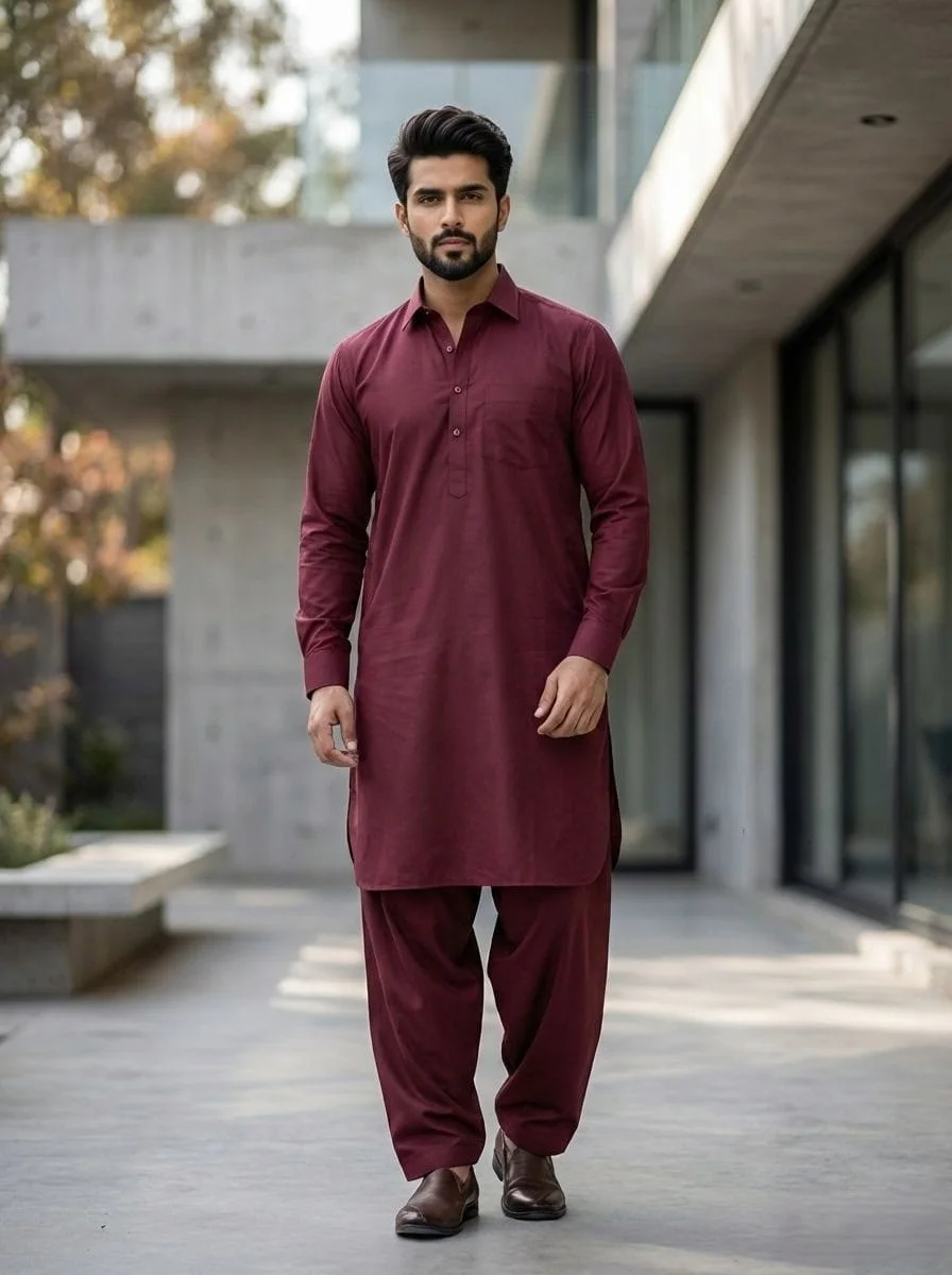 Men's Full Sleeve Pathani Kurta with Salwar – Wine Maroon